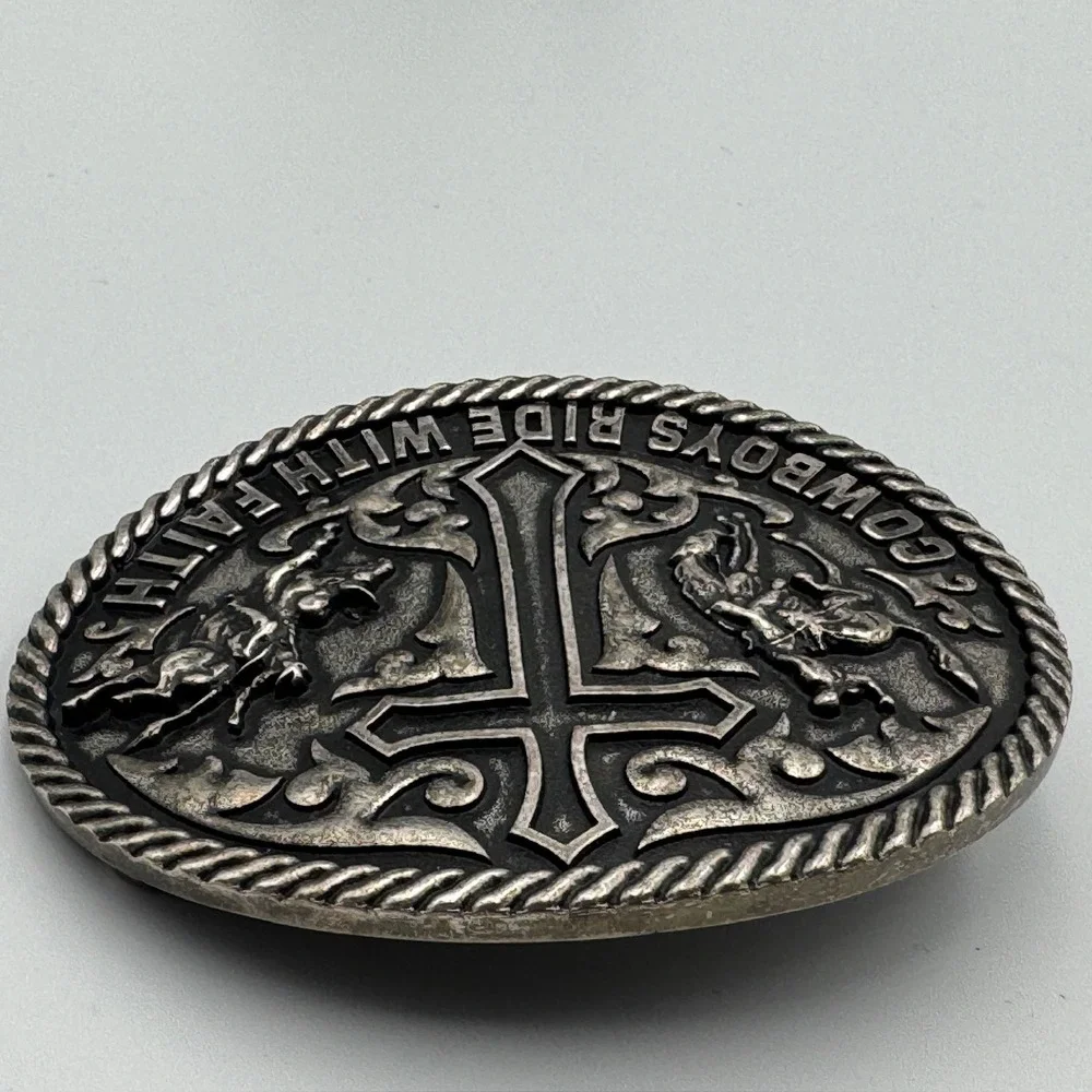 Cowboys Ride With Faith‎ Western Belt Buckle Silver Tone Cross Rodeo Bull Rider